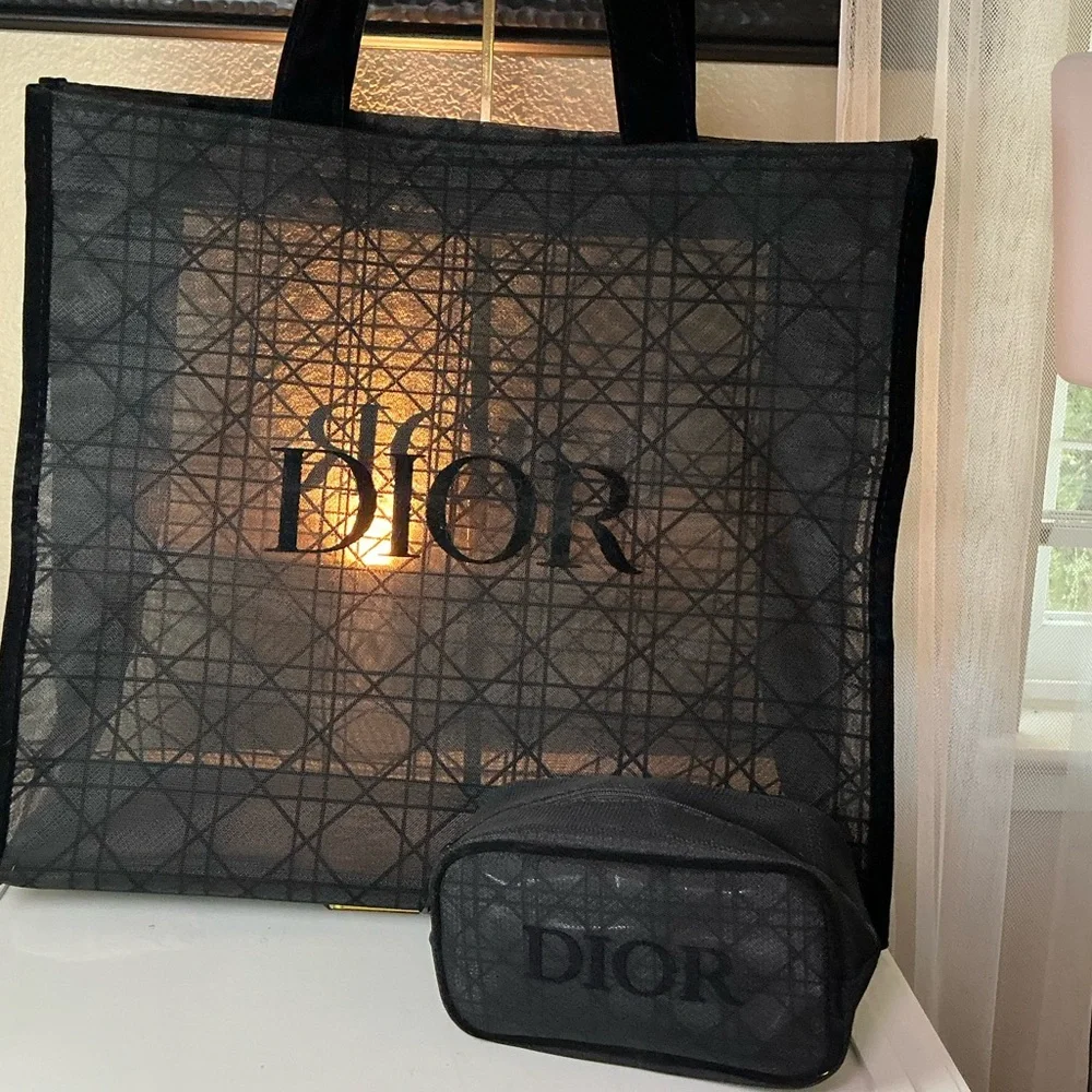 Christian Dior Beauty Parfums Makeup Black Velvet Mesh Large Tote Bag